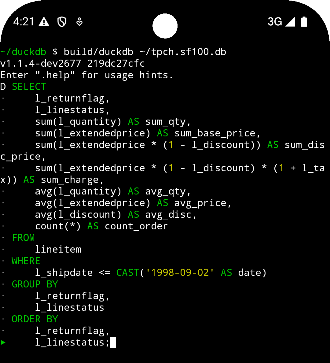 Screenshot of DuckDB in Termux, running in the Android emulator