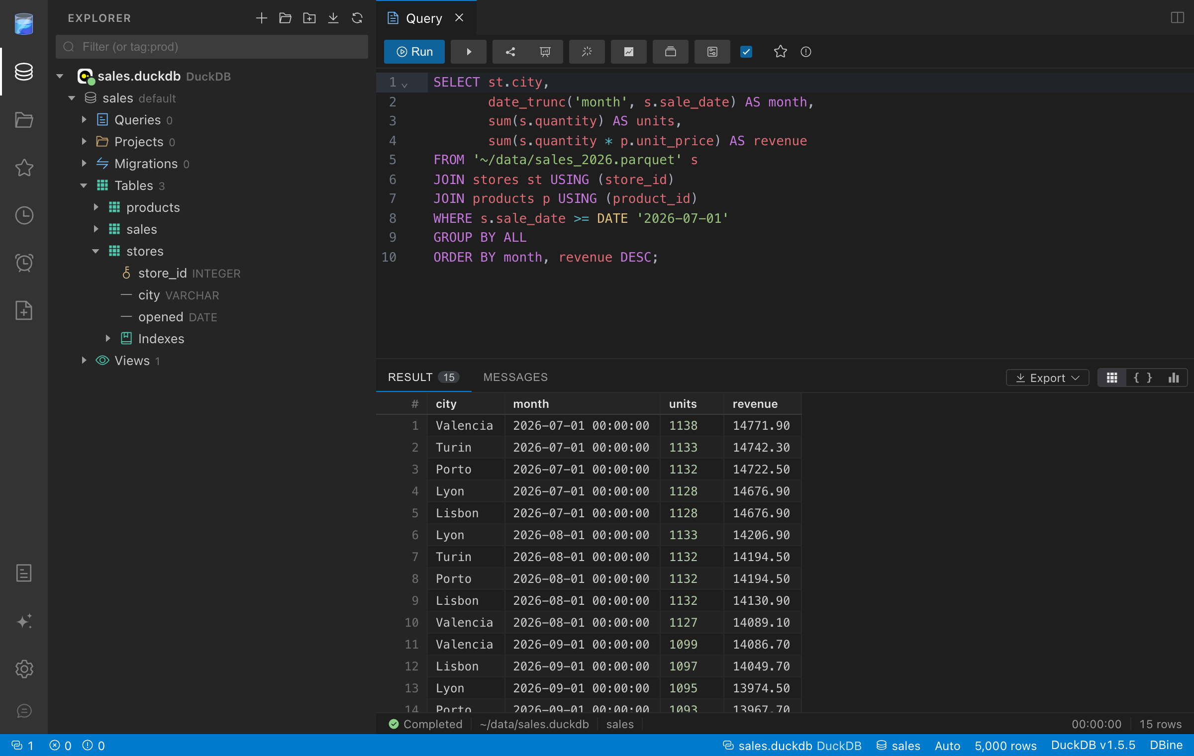 DBine query results