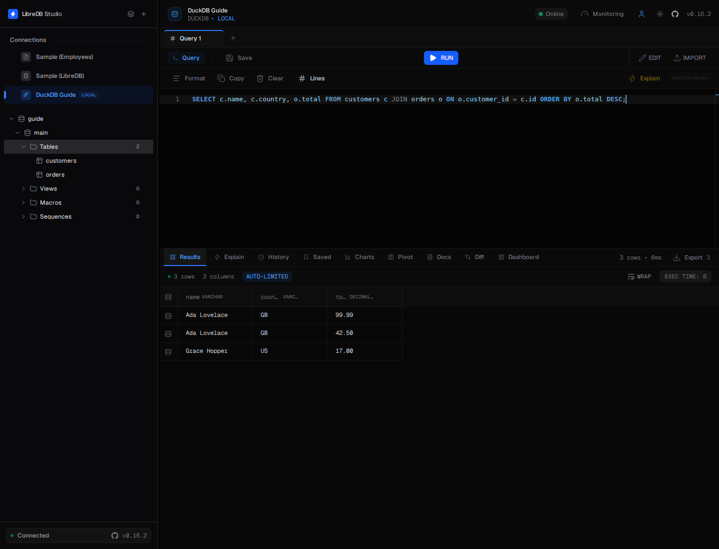 LibreDB Studio query results